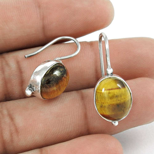 Woman Gift Natural Tiger'S Eye Dangle Earrings 925 Sterling Silver E2