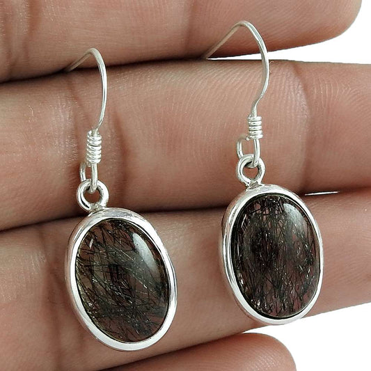 Natural Black Rutile Gemstone 925 Silver Dangle Boho Earrings For Girls Y17