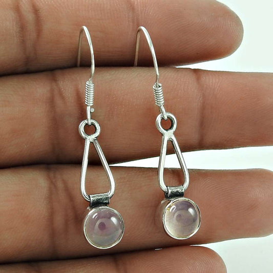 Gift For Her Natural Rose Quartz Dangle Ethnic Earrings 925 Silver A4