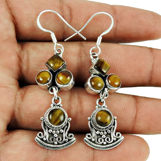 Rare Tiger Eye Gemstone Earrings 925 Silver Jewellery