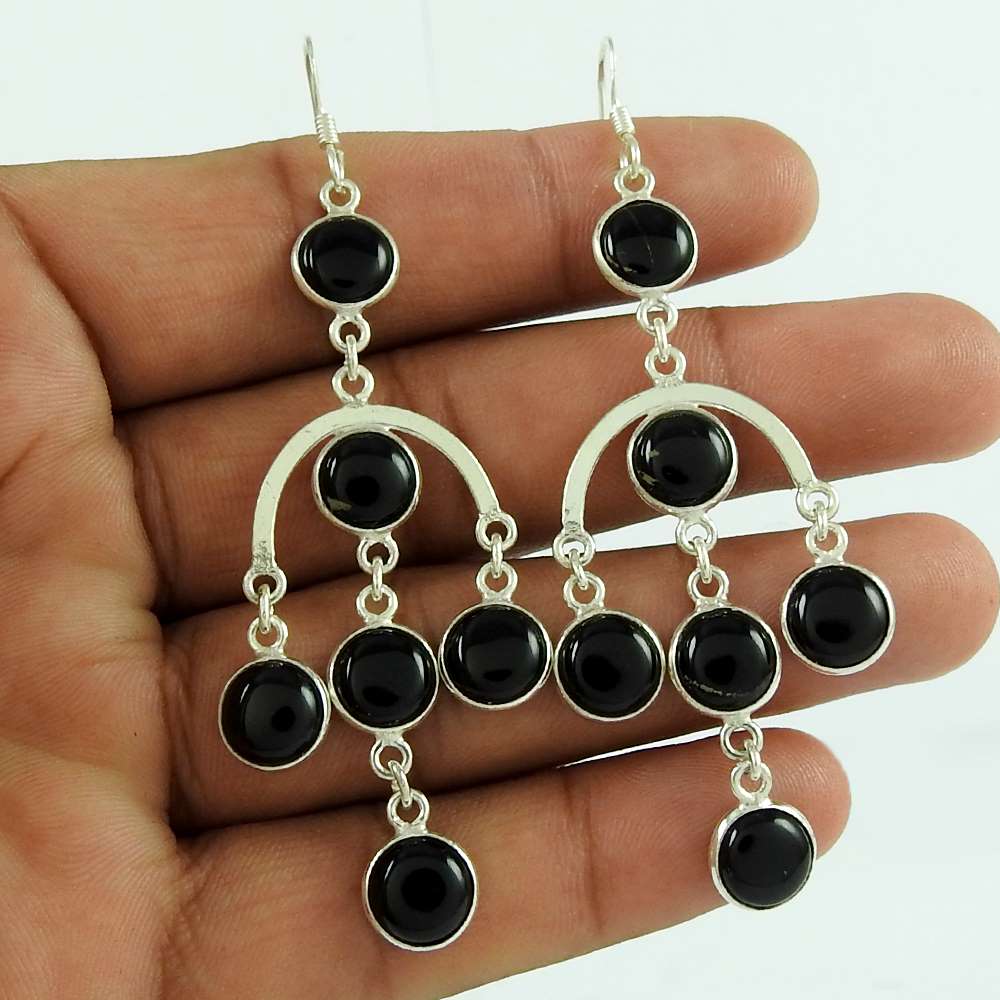 Lustrous Black Onyx Gemstone 925 Sterling Silver Fashion Dangle Earrings Jewellery
