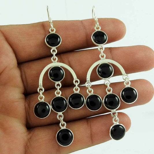 Lustrous Black Onyx Gemstone 925 Sterling Silver Fashion Dangle Earrings Jewellery