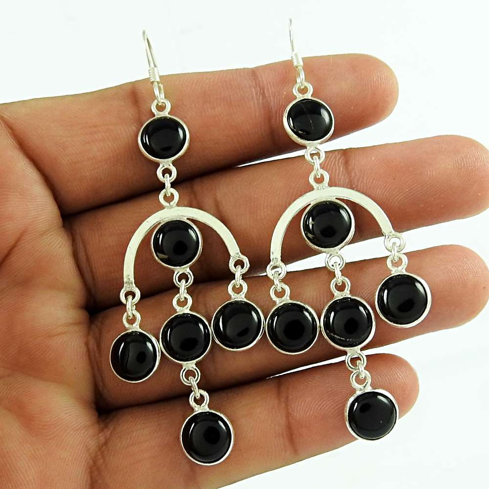 Dainty Black Onyx Gemstone 925 Sterling Silver Vintage Earrings Jewellery