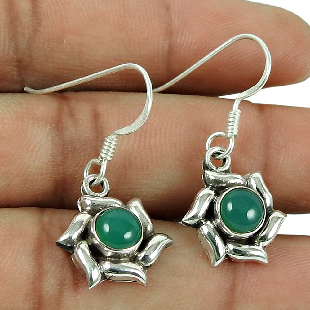Classic 925 Sterling Silver Green Onyx Gemstone Earrings