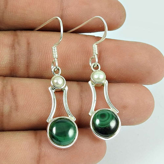 Sightly Malachite Pearl Gemstone Sterling Silver Earrings Indian Sterling Silver Jewellery