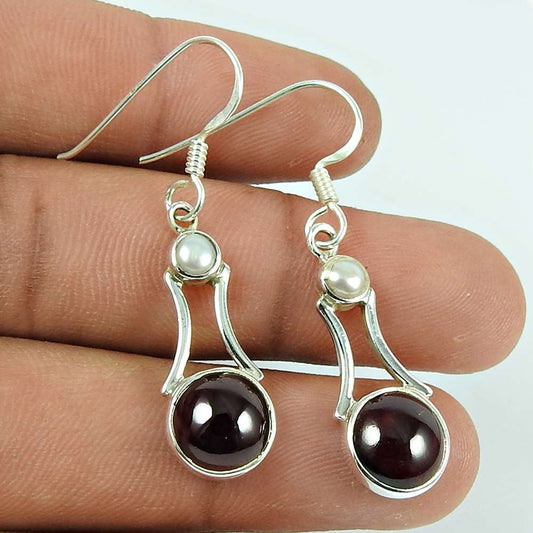 Beautiful Garnet Pearl Gemstone Sterling Silver Earrings 925 Silver Jewellery