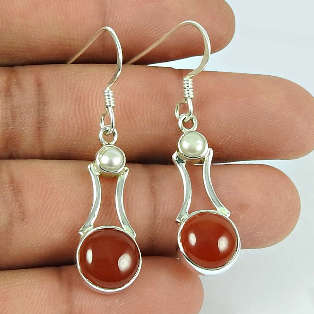 Good-Looking Carnelian Pearl Gemstone Sterling Silver Earrings 925 Sterling Silver Antique Jewellery