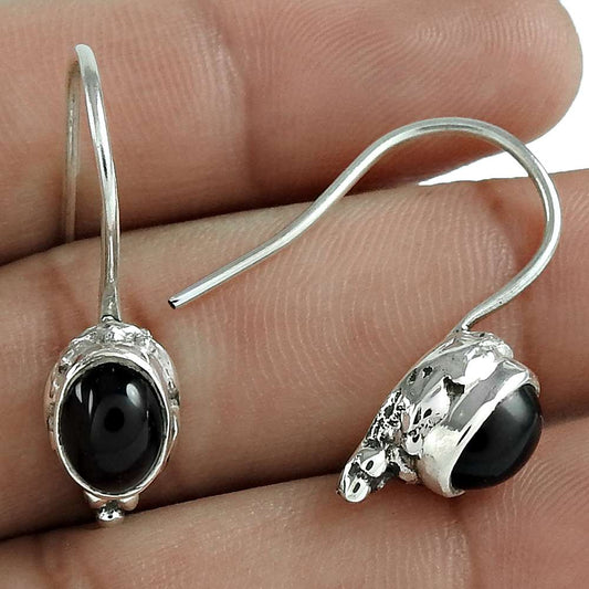 Natural Black Onyx Gemstone Dangle Vintage Earrings 925 Sterling Silver H14