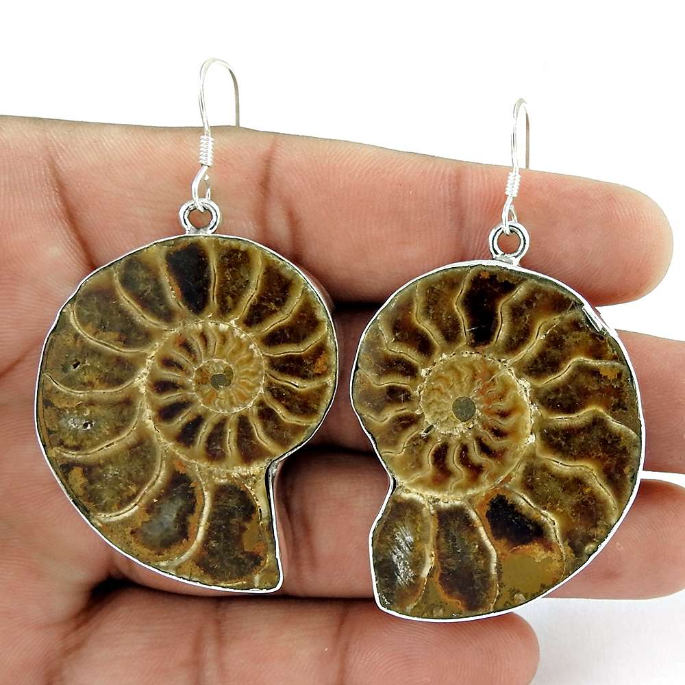 Wedding Gift For Her 925 Silver Natural Ammonite Dangle Tribal Earrings M40
