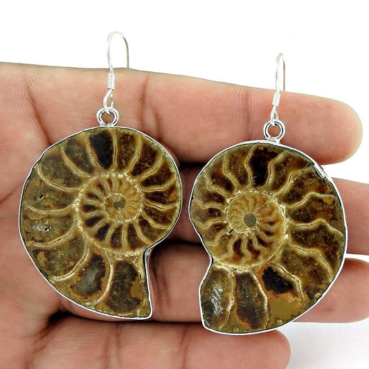 Wedding Gift For Her 925 Silver Natural Ammonite Dangle Tribal Earrings M40
