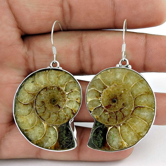 Natural Ammonite Gemstone 925 Silver Dangle Bohemian Earrings For Girls U21