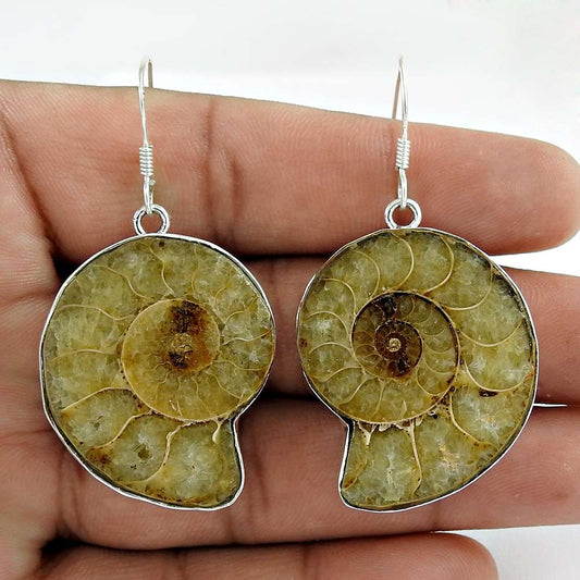 Natural Ammonite Gemstone Dangle Tribal Earrings 925 Silver For Girls K14