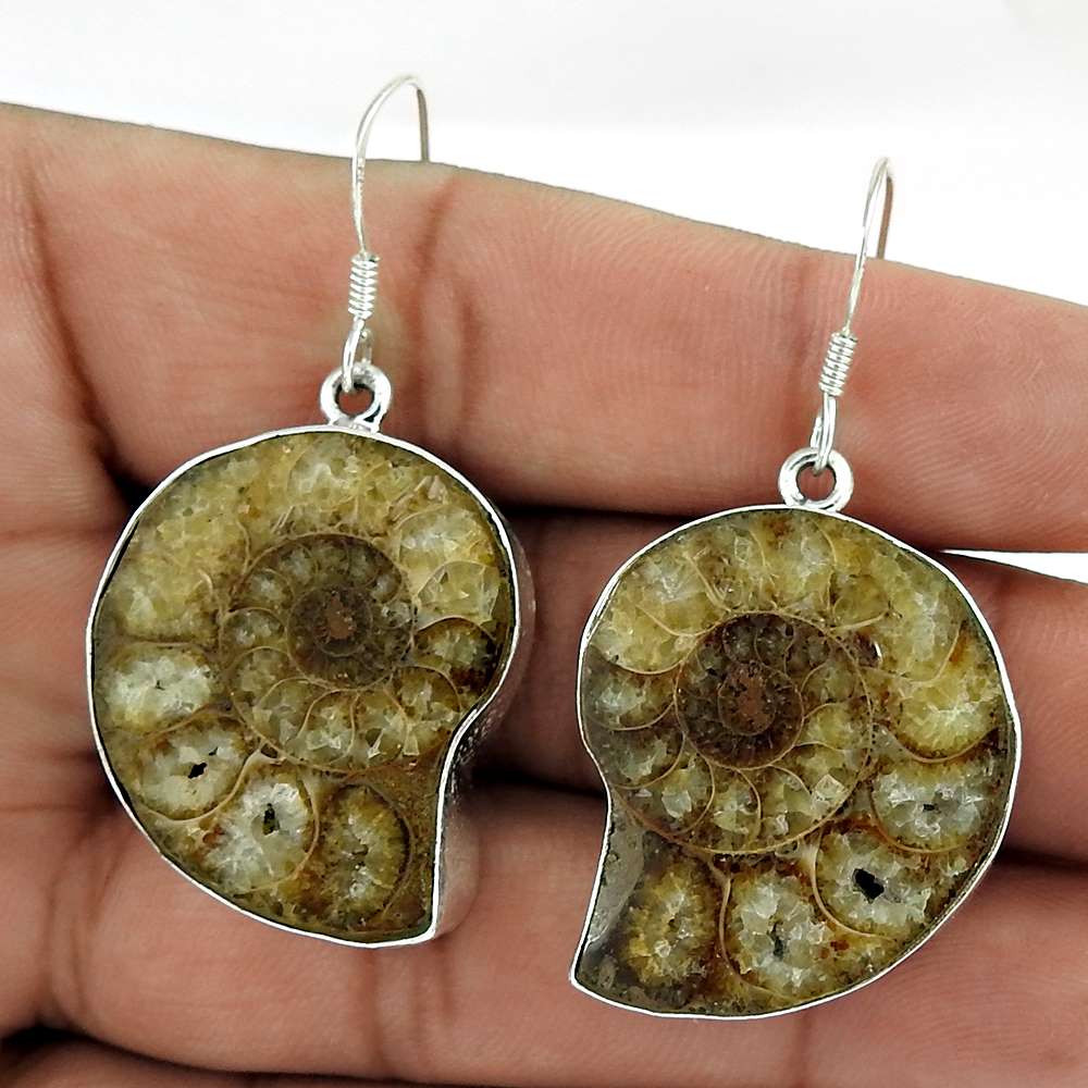 Gift For Her 925 Silver Natural Ammonite Dangle Ethnic Earrings F12