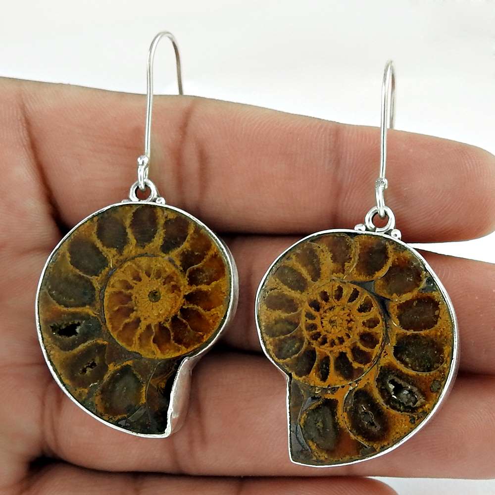 Woman Gift Dangle Earrings 925 Sterling Silver Natural Ammonite Gemstone I2