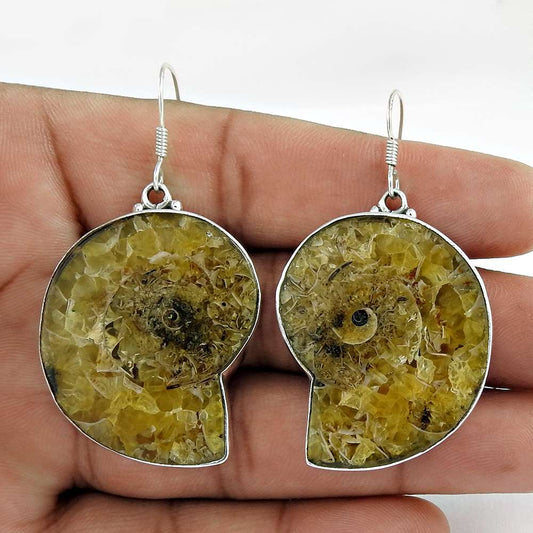 Gift For Women Dangle Vintage Earrings 925 Silver Natural Ammonite M14