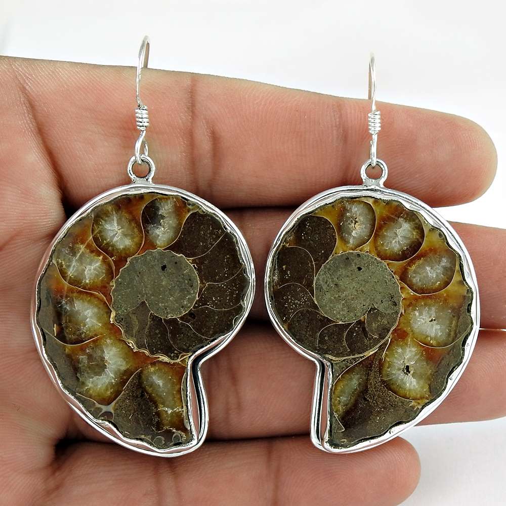 Natural Ammonite Gemstone Earrings 925 Sterling Silver E2