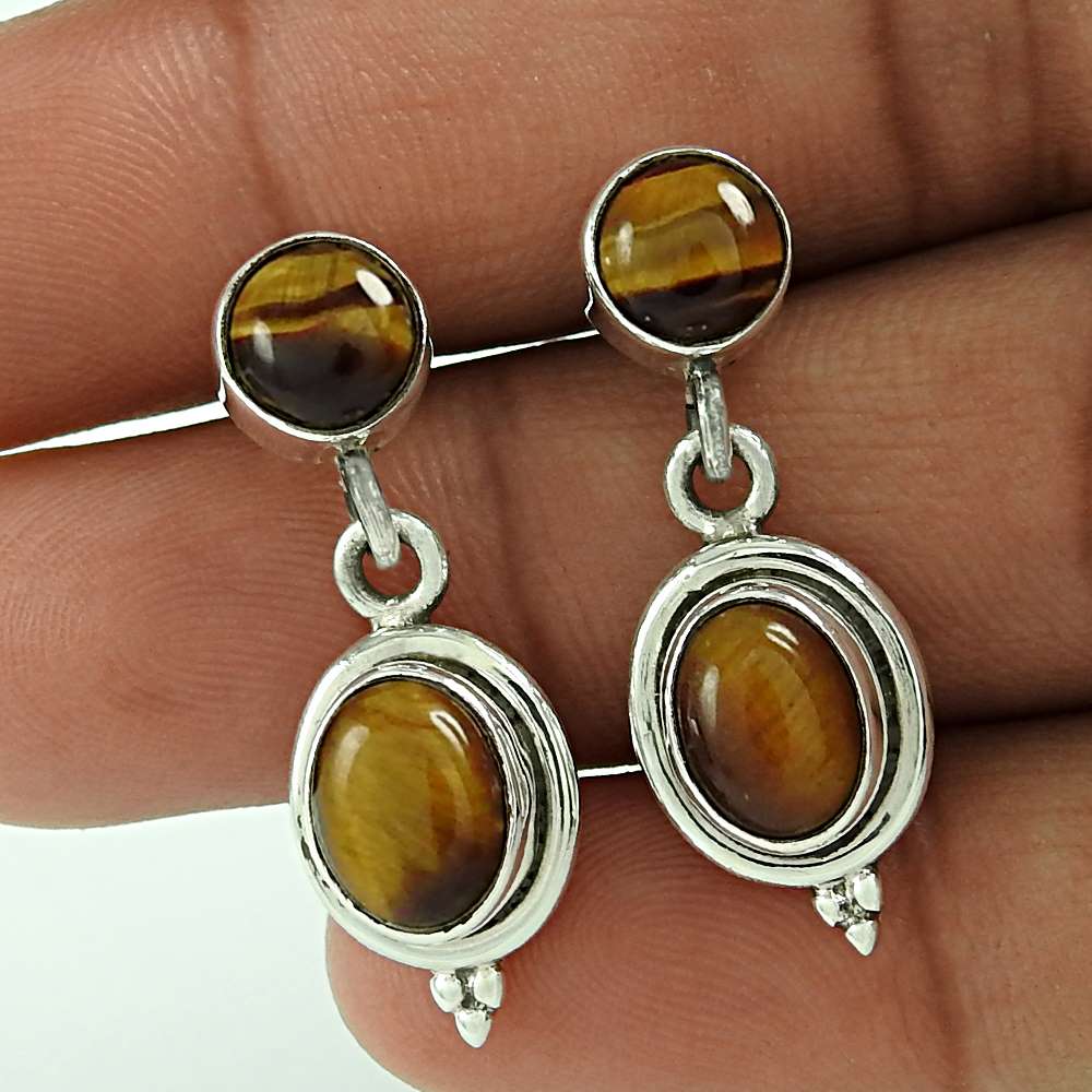 Gift For Her 925 Silver Natural Tiger'S Eye Dangle Bohemian Earrings N14