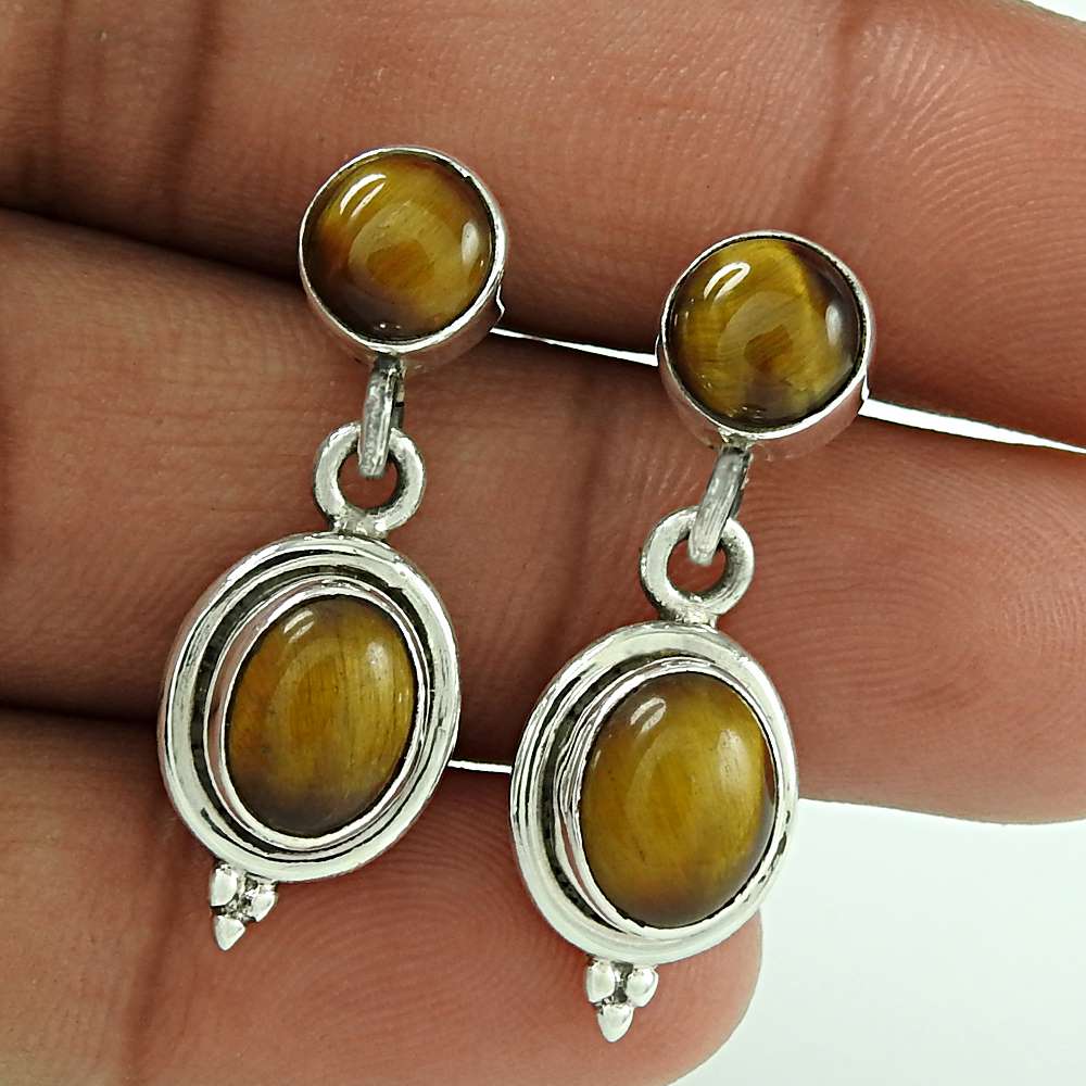 Gift For Women Dangle Tribal Earrings 925 Silver Natural Tiger'S Eye O14