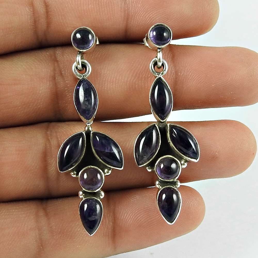 Daily Wear Amethyst Gemstone 925 Sterling Silver Drop Earrings Jewellery