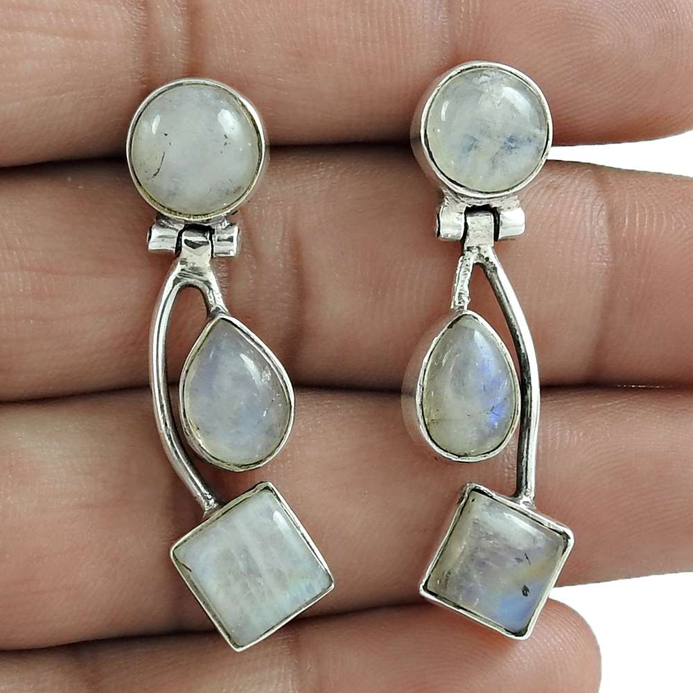 Natural Rainbow Moonstone 925 Silver Dangle Boho Earrings For Girls L15