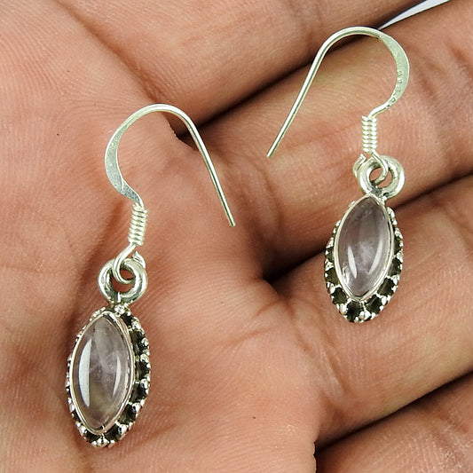 Christmas Gift Natural Rose Quartz Bohemian Earrings 925 Sterling Silver A1