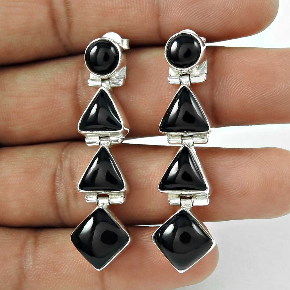 Natural Black Onyx Gemstone 925 Silver Dangle Ethnic Earrings For Women N15