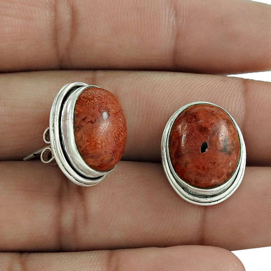 Wedding Gift For Her 925 Silver Natural Sponge Coral Stud Ethnic Earrings P15