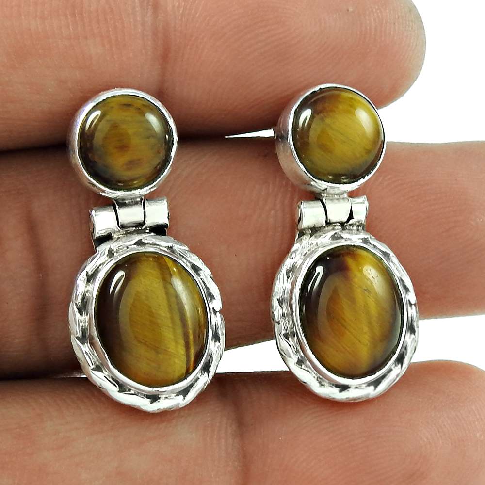 Natural Tiger'S Eye 925 Silver Dangle Ethnic Earrings For Girls Y15