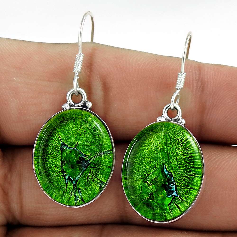Gift For Women Dangle Bohemian Earrings 925 Silver Natural Dico Glass B16