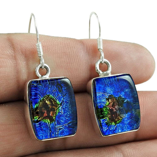 Natural Dico Glass 925 Silver Dangle Bohemian Earrings For Women C16