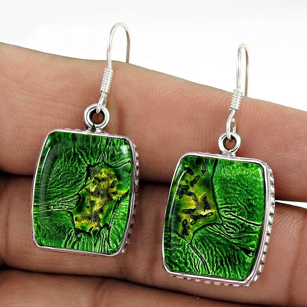 Gift For Her Natural Dico Glass Dangle Tribal Earrings 925 Silver E16