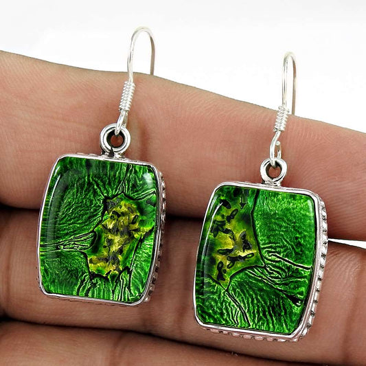 Gift For Her Natural Dico Glass Dangle Tribal Earrings 925 Silver E16