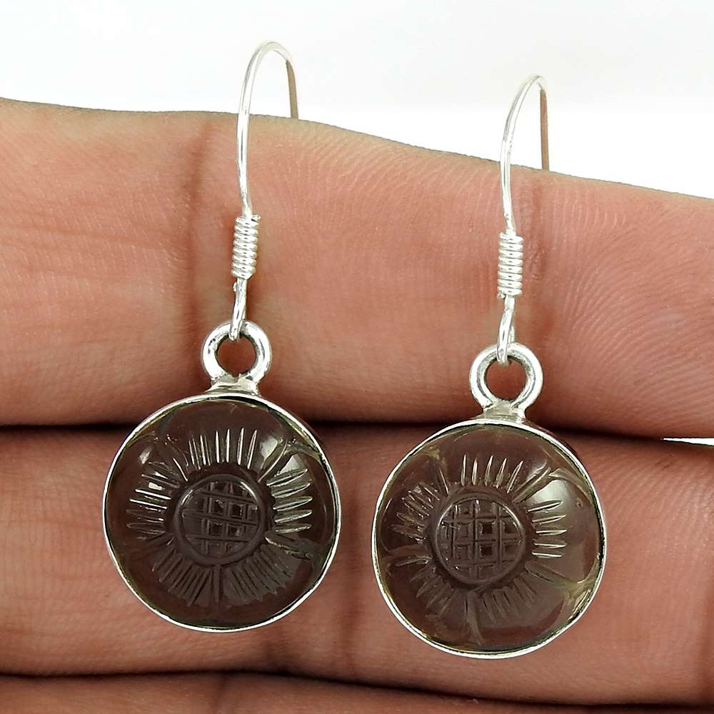 Gift For Her Natural Smoky Quartz Dangle Tribal Earrings 925 Silver J16
