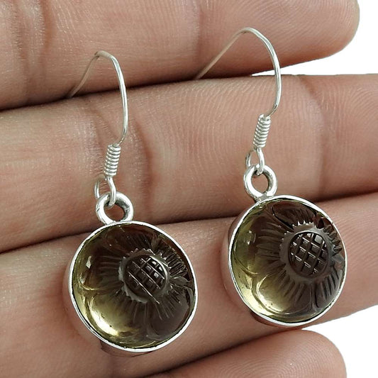 Natural Smoky Quartz 925 Silver Dangle Tribal Earrings For Girls K16