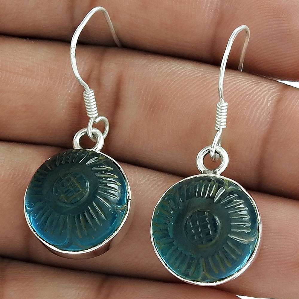 Gift For Her Hand Carved Topaz 925 Sterling Silver Chunky Hippie Earrings Q2