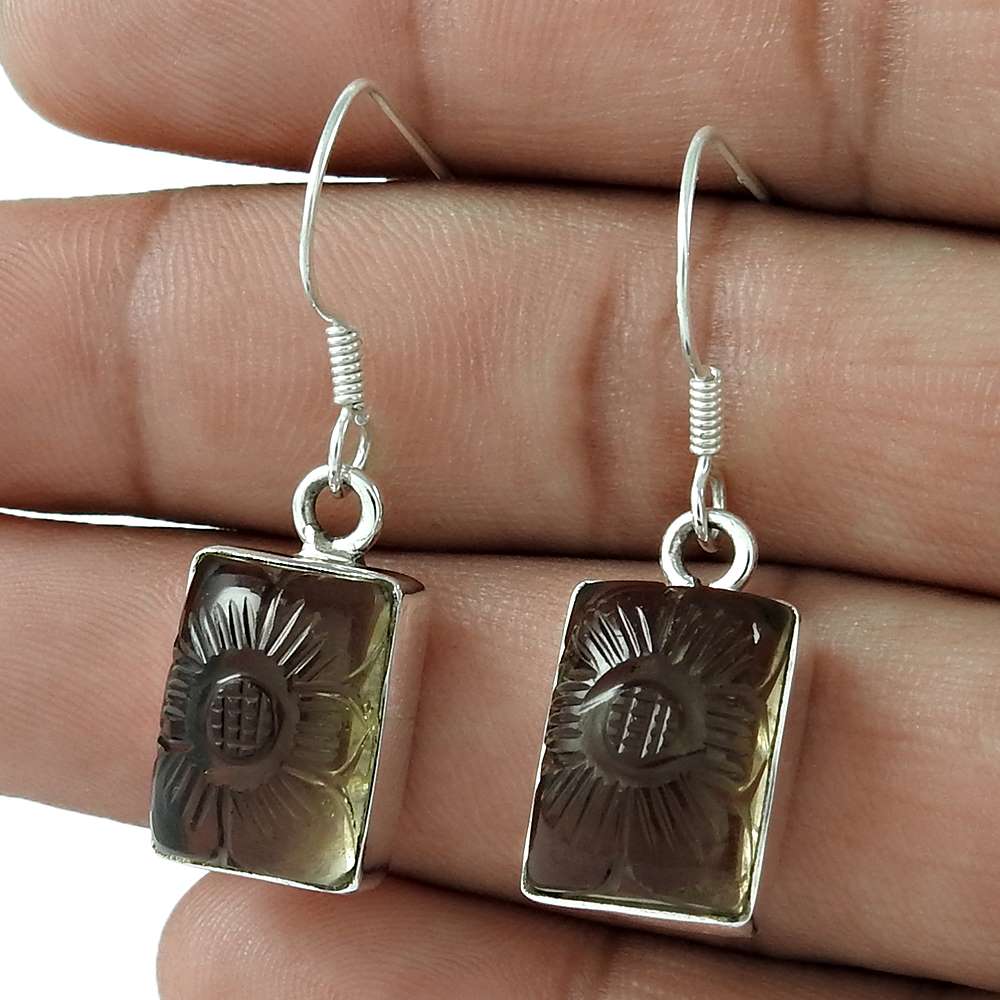 Natural Smoky Quartz Gemstone Dangle Bohemian Brown Earrings 925 Silver V16