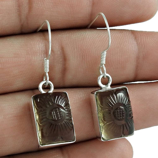 Natural Hand Carved Smoky Quartz Dangle Ethnic Earrings 925 Silver W16