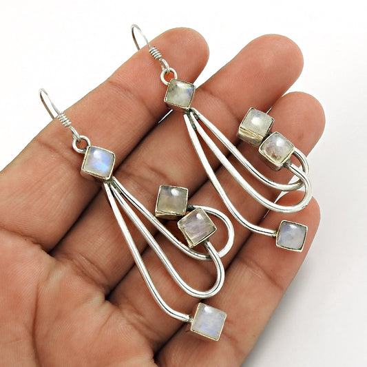 Natural Rainbow Moonstone 925 Sterling Silver Earrings Christmas Gift B2