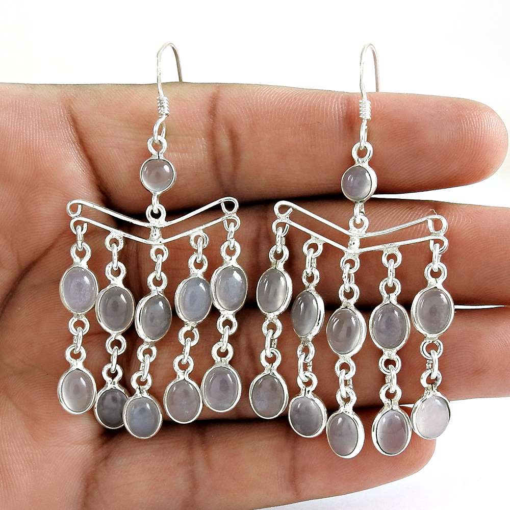 Natural Chalcedony Gemstone Dangle Ethnic Earrings 925 Sterling Silver C17