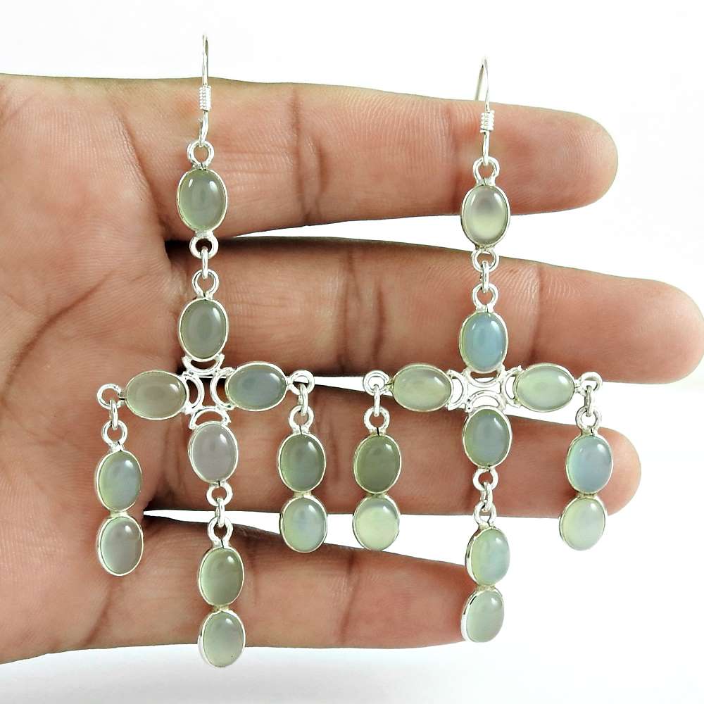 Gift For Women Dangle Tribal Earrings 925 Silver Natural Chalcedony F17