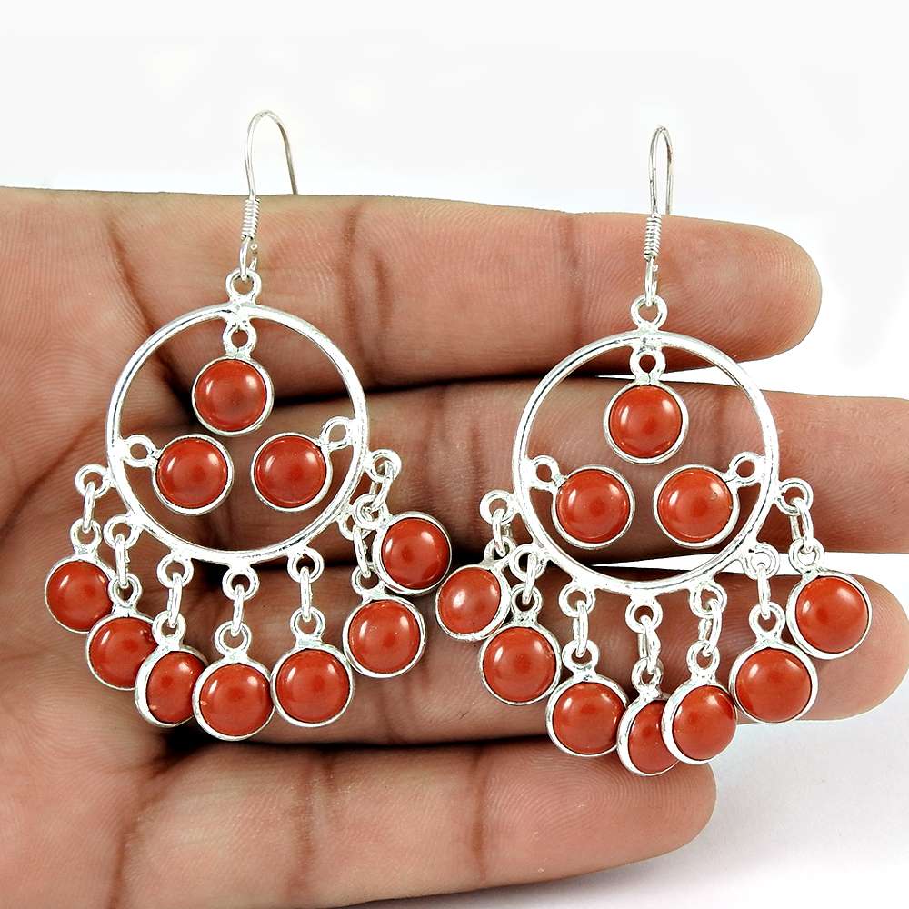 Gift For Her Natural Coral Dangle Bohemian Earrings 925 Silver J17