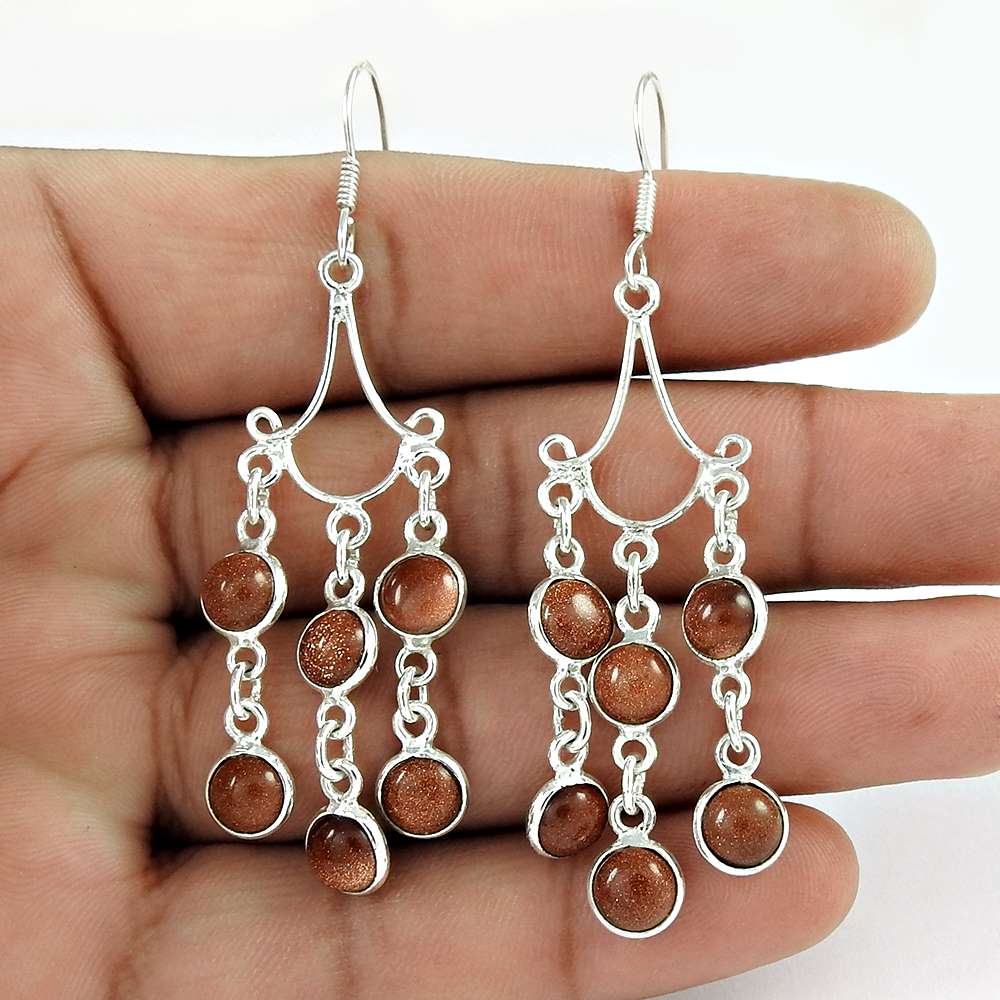 Gift For Her Natural Sunstone Dangle Boho Earrings 925 Silver L17