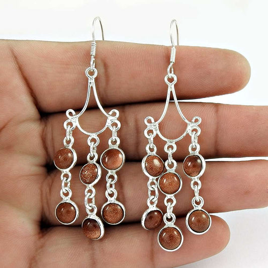Gift For Her Natural Sunstone Dangle Boho Earrings 925 Silver L17