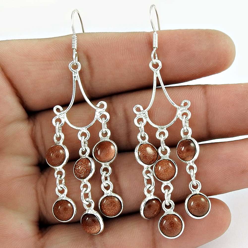 Gift For Women Dangle Vintage Earrings 925 Silver Natural Sunstone M17