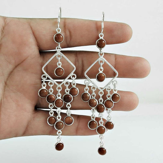 Gift For Her 925 Silver Natural Sunstone Gemstone Dangle Boho Earrings P17