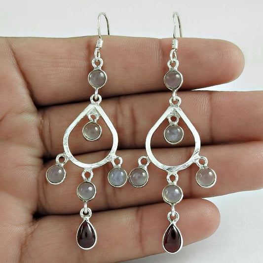 Natural Rainbow Moonstone 925 Silver Dangle Tribal Earrings For Girls T17