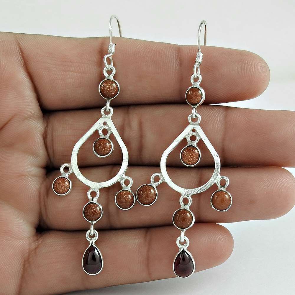 Natural Sunstone Gemstone Dangle Vintage Earrings 925 Sterling Silver U17
