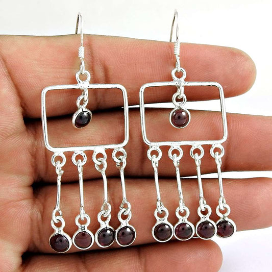 Natural Garnet Gemstone Dangle Vintage Earrings 925 Sterling Silver X17