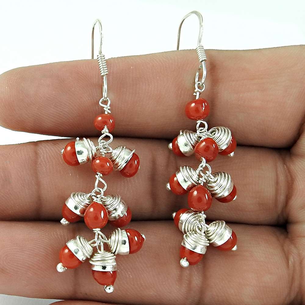 Wedding Gift For Her 925 Silver Natural Coral Dangle Tribal Earrings V38