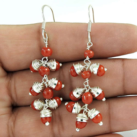 Wedding Gift For Her 925 Silver Natural Coral Dangle Vintage Earrings K19